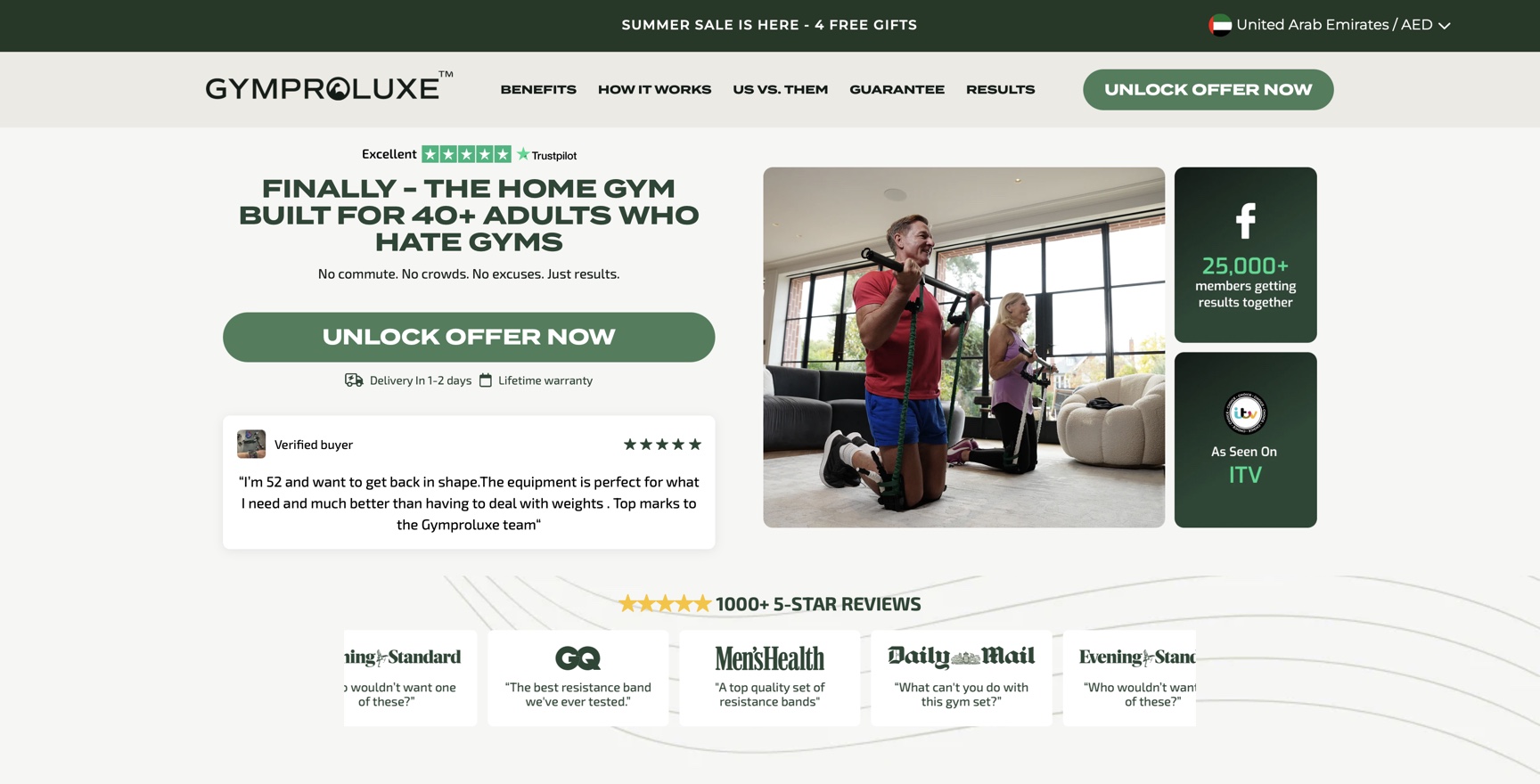 Advertorial pre-sell page example: the Gymproluxe landing page with an announcement bar, a headline reading 'Finally — the home gym built for 40+ adults who hate gyms', an Unlock Offer Now button, a customer review, membership stats and press mentions.