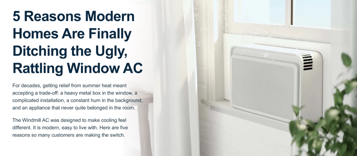 Pre-sell page example: a landing page hero section headlined '5 Reasons Modern Homes Are Finally Ditching the Ugly, Rattling Window AC', with supporting copy and a photo of a sleek modern window AC unit installed by a bright window.
