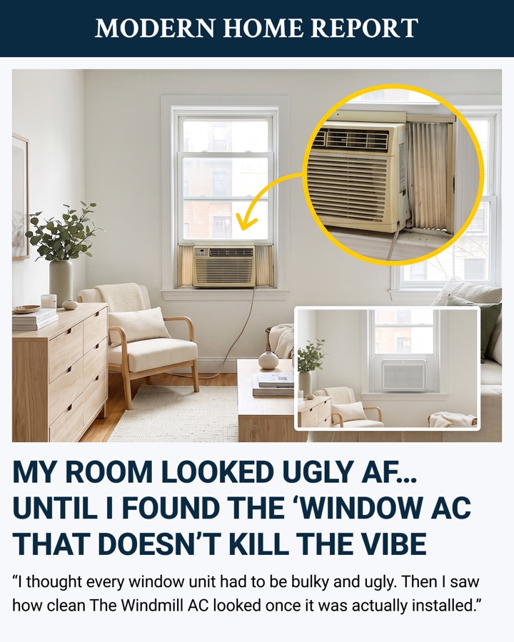 Static ad concept 1: a 'Modern Home Report' listicle-style image showing a bulky old window AC unit circled in a living room, headlined 'My room looked ugly AF... until I found the window AC that doesn't kill the vibe.'