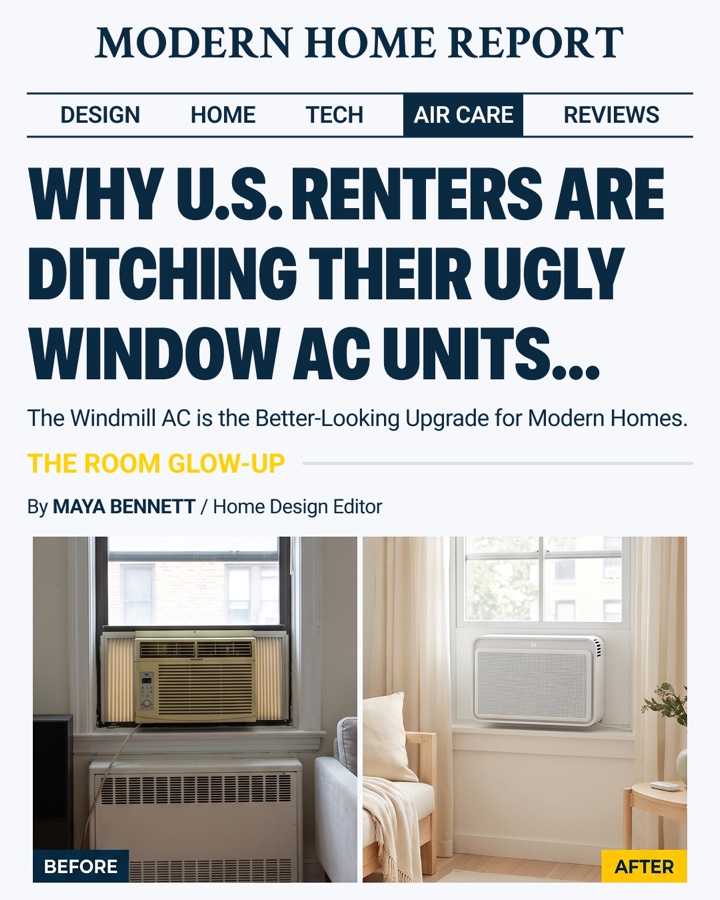 Static ad concept 2: a 'Modern Home Report' article-style image with a before/after comparison of an old window AC unit versus a sleek modern one, headlined 'Why U.S. renters are ditching their ugly window AC units.'
