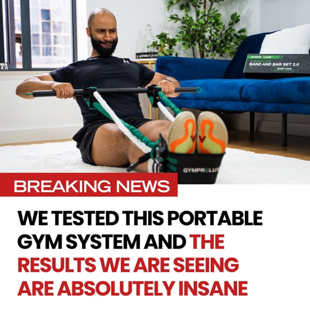 Static ad example: an editorial-style image of a man training with a portable band-and-bar gym at home, with a red Breaking News banner and the headline 'We tested this portable gym system and the results we are seeing are absolutely insane.'